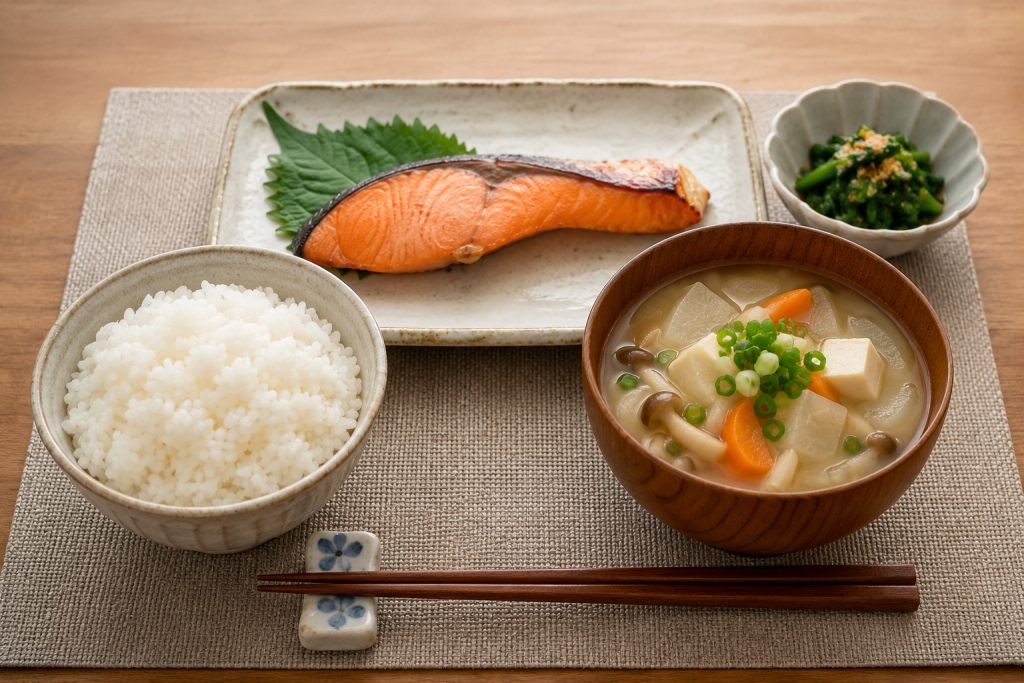 鮭と具だくさん味噌汁の和定食